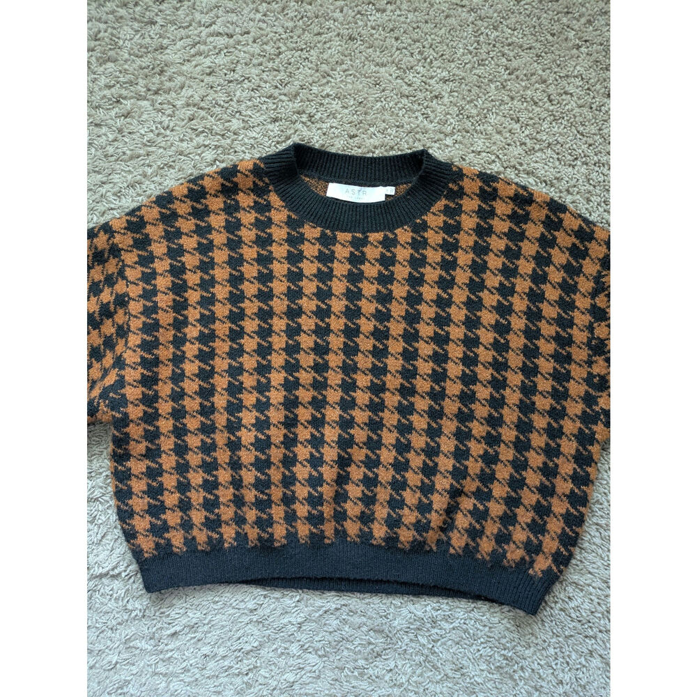 ASTR The Label Crop Sweater Womens M Brown Black Houndstooth Preppy Academia - Picture 6 of 7